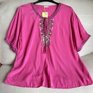 Welove Women's Large Embroidered Boho Top Notch Round Neck Tassels Short Sleeve